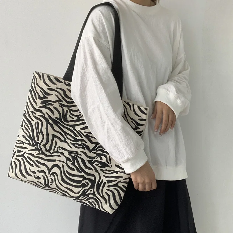 

2021 Zebra Pattern Women Canvas Shopping Bag Female Cloth Shoulder Bags Student Casual Handbag Reusable Grocery Eco Totes