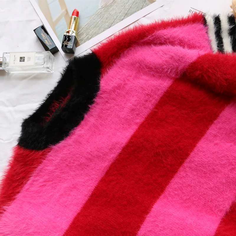 Y Demo Grunge Striped Short Sweater Women O-neck Long Sleeve Patchwork Softt Knitted Pullover Autumn Casual Tops Clothing | Женская