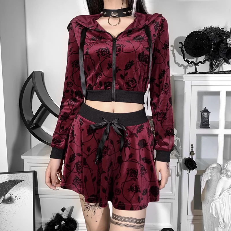 

hirigin Ladies Fall Winter Leisure Women Suits Floral Long Sleeve Zipper Hooded Sweatshirts Crop Tops Short Pleated Skirts 2022