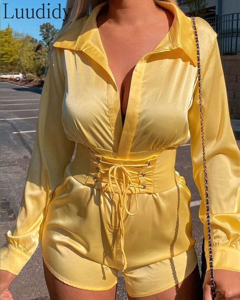 

Women Long Sleeve Lace-Up Romper Skinny Playsuits