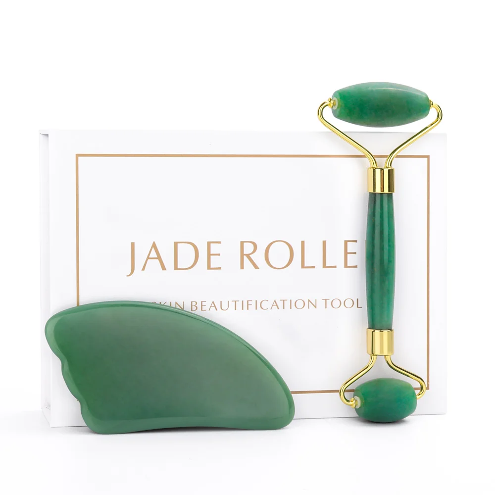 jade set with box Нефритовый ролик и Gua Sha набор инструментов настоящий натуральный нефрит ролик для лица глаз шеи антивозрастной нефритовый ролик для массажа лица - Цвет: jade set with box