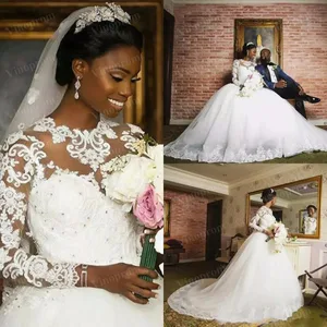 African Ball Gown Country Wedding Dresses Jewel Long Sleeve Sweep Train Bridal Gowns with Applique Tulle