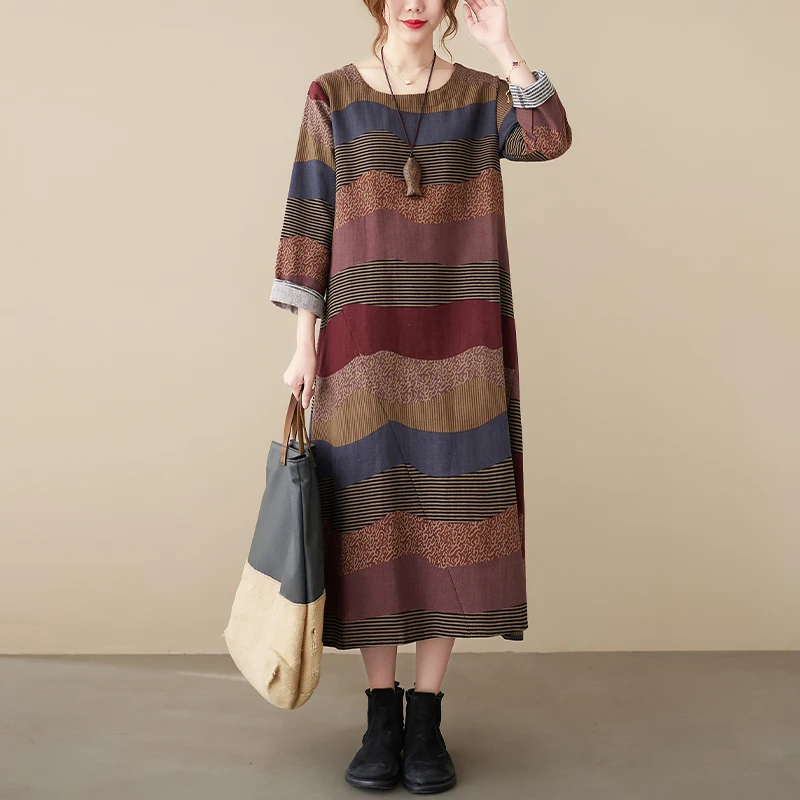 Женское винтажное платье из хлопка и льна повседневное весеннее с длинным