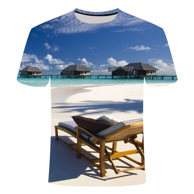

2020 Creative 3d Digital Printing Blue Sky Sea Coconut Tree Beach T-shirt Summer Round Neck Refreshing T-shirt Unisex Children