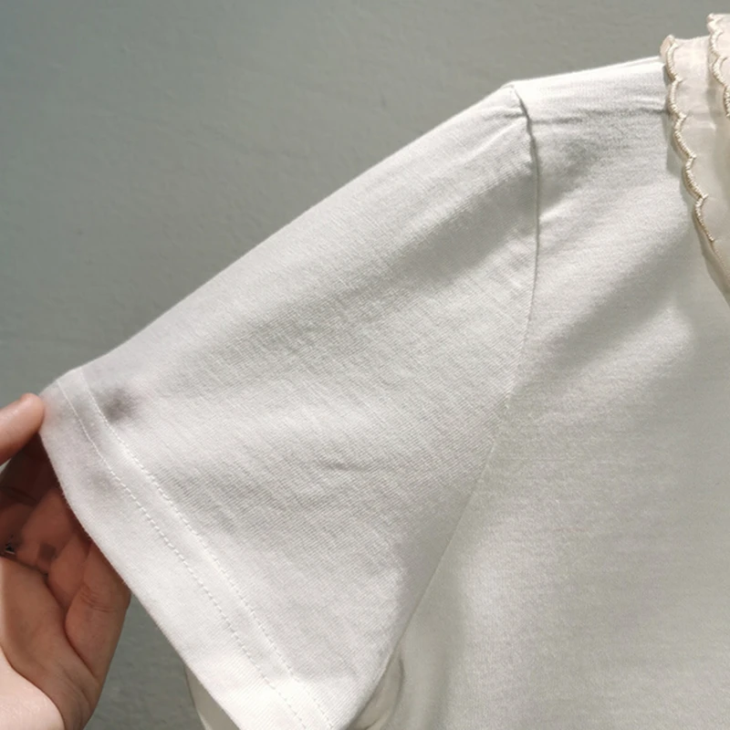 

Cotton Short Sleeve Woman Tshirts Luxury Design Lace Bowknot Collar White T-shirt Tees Summer Tops for Women