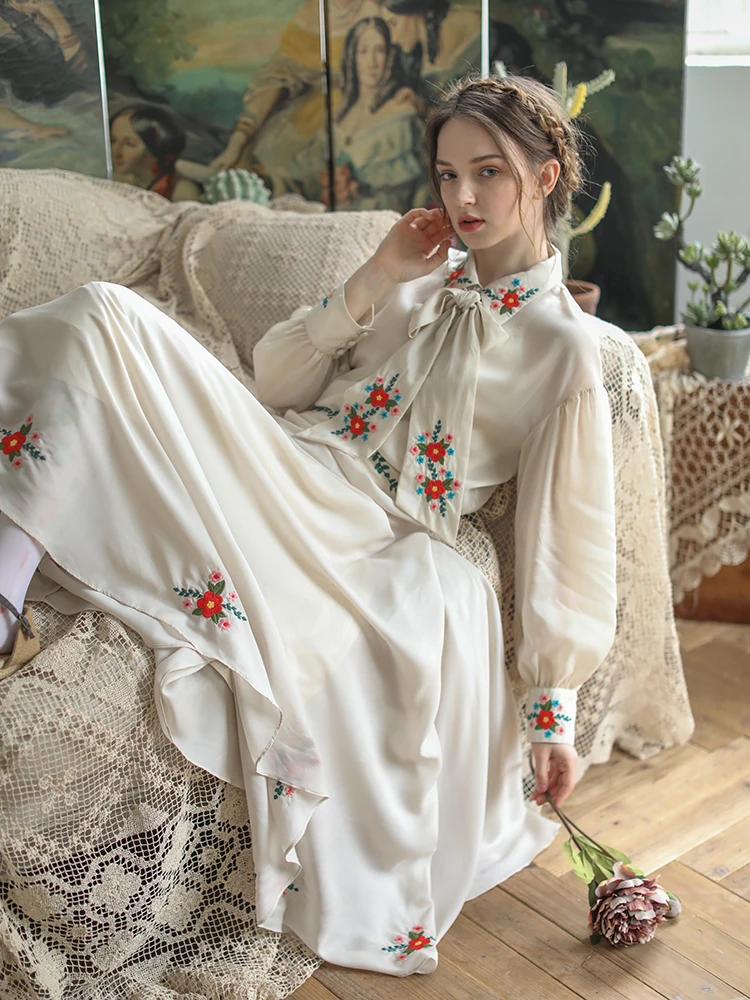 Summer Spring Shirts Women Vintage Elegant Mori Girl Sweet Long Sleeve Embroidery Casual Loose AllMatch Shirts Blouses With Ties
