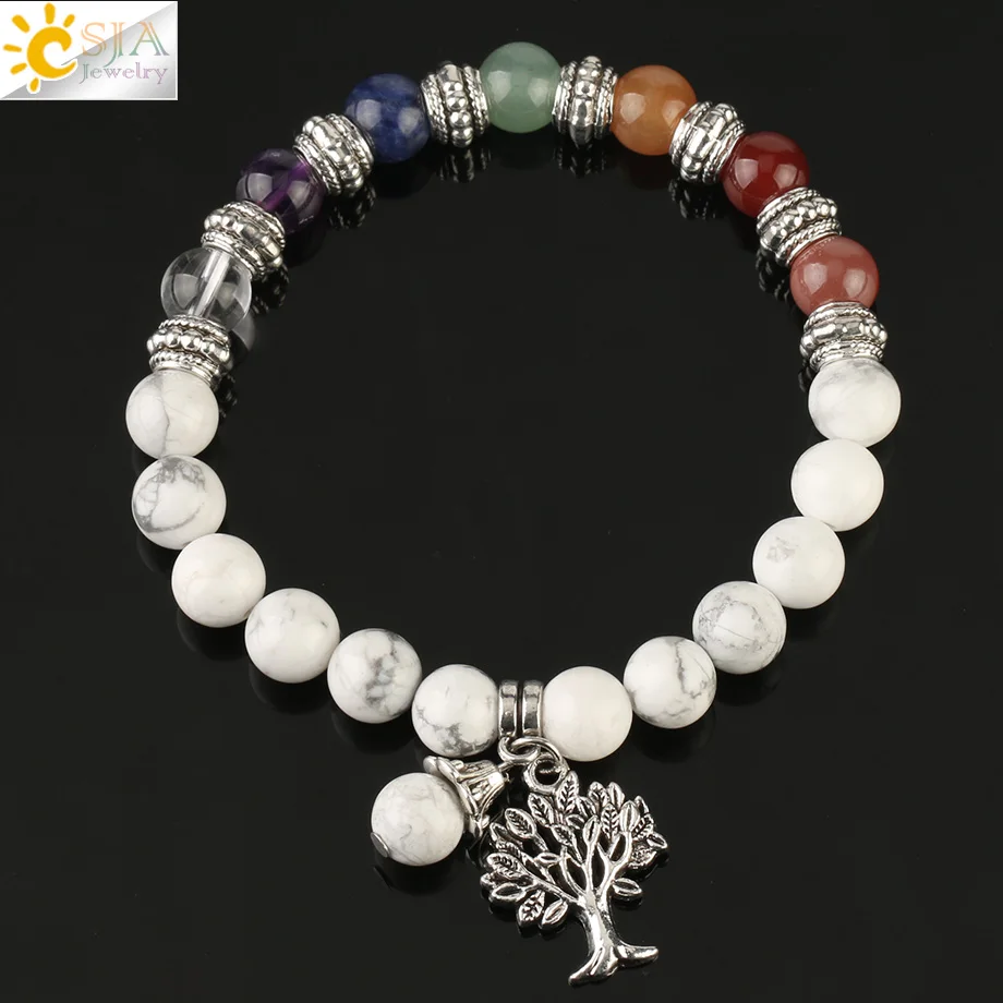 Howlite Csja рейки натуральный камень 7 Чакра Дерево жизни браслет смешанные цвета бисера Баланс йога браслет для женщин мужчин целебные ювелирные изделия G166 - Окраска металла: Howlite