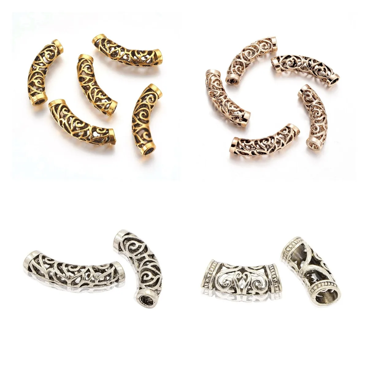 

10Pcs Tibetan Style Alloy Curved Tube Beads Slide Spacer Antique Gold Silver For Necklace Cord Brecelet Jewelry Making