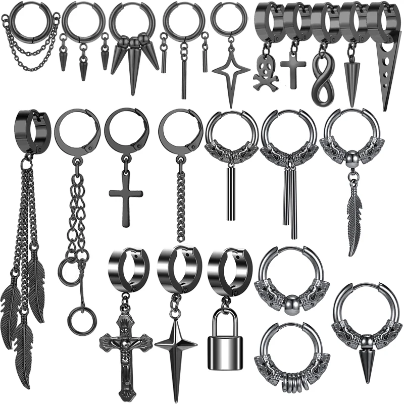 

ZS 4-7/PCS Punk Tassel Long Earring Black Hoop Earring Stainless Steel Round Earring Women Chain Cross Hoop Earring Punk Jewelry