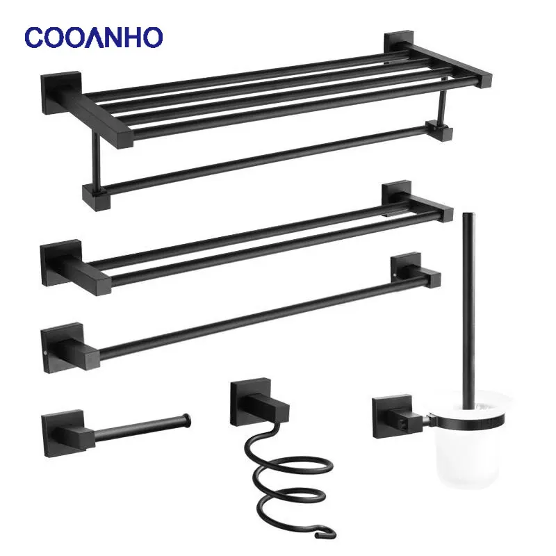 COOANHO Bathroom Hardware Set Towel Rack/Towel Ring/Toilet Paper Holder/Towel Hook/Toilet Brush/Hair Dryer (Matt Black)