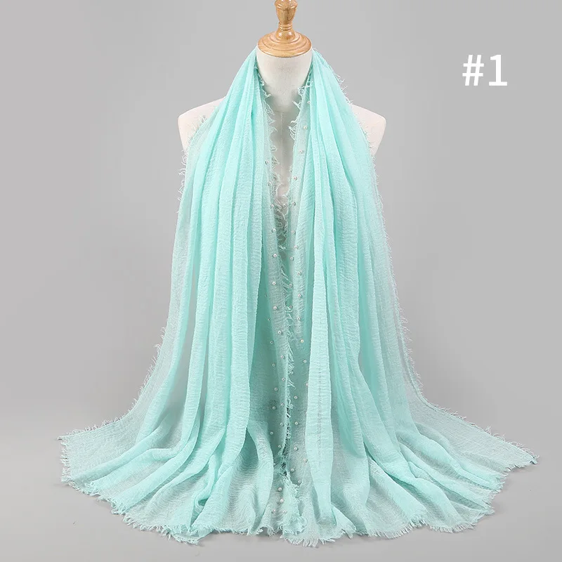 

Wholesale solid color high-quality wool side cotton yarn pearl accessories turban women's scarf factory direct sales cover scarf