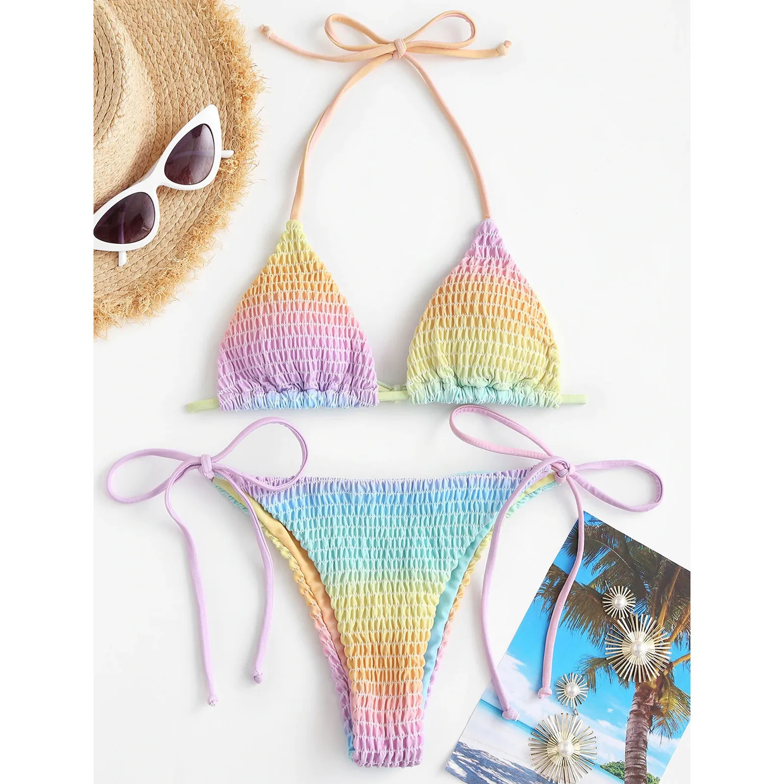

2021 Sports Swimwear Women Push Up Animal Floral Print Smocked String Bikini Set Two Piece Swimsuit Bathing Suits New E2