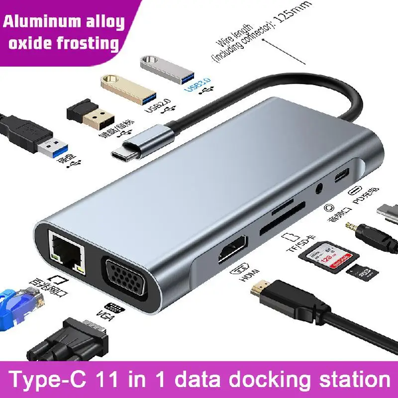 

Type-c to USB Docking Station 11 In 1 USB HUB HDMI+VGA+AUDIO+RJ45+USB3.0*1+USB2.0*3+SD+TF+PD Suitable for Laptops and Tablets