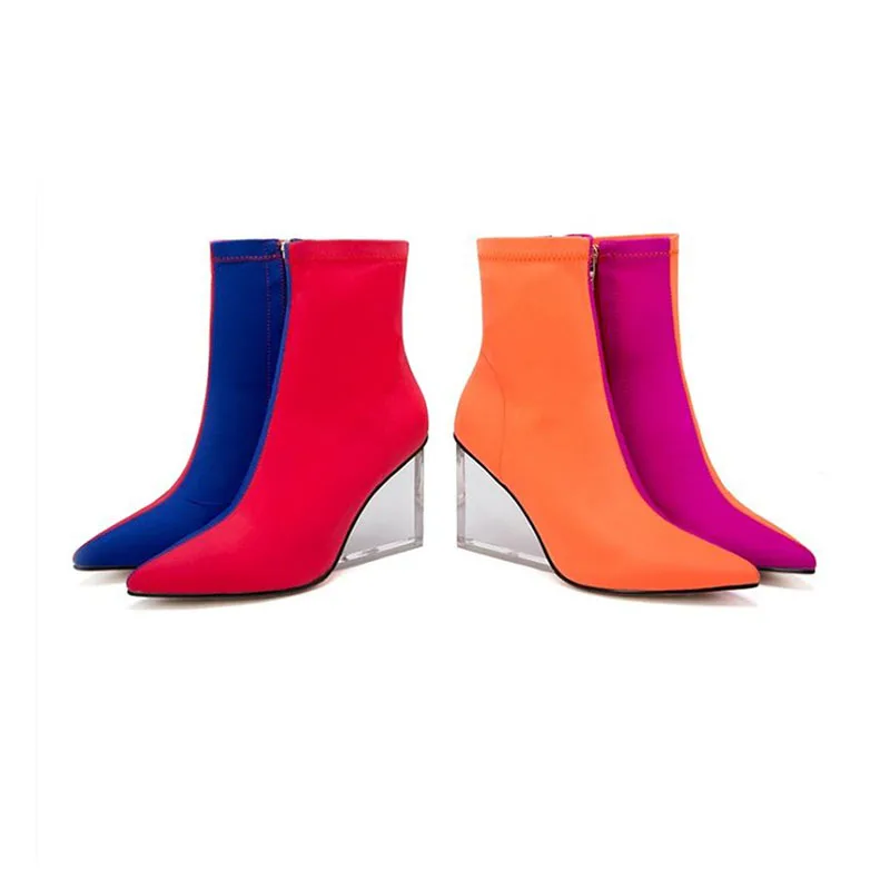Coolcept Lycra Women Ankle Boots Fashion Mixed Color Zipper High Heels Shoes Autumn Winter Party Brand Footwear Size 34-39 | Обувь