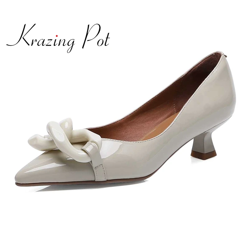 

Krazing Pot new sheep patent leather pointed toe strange med heel French romantic office lady daily wear shallow women pumps L46