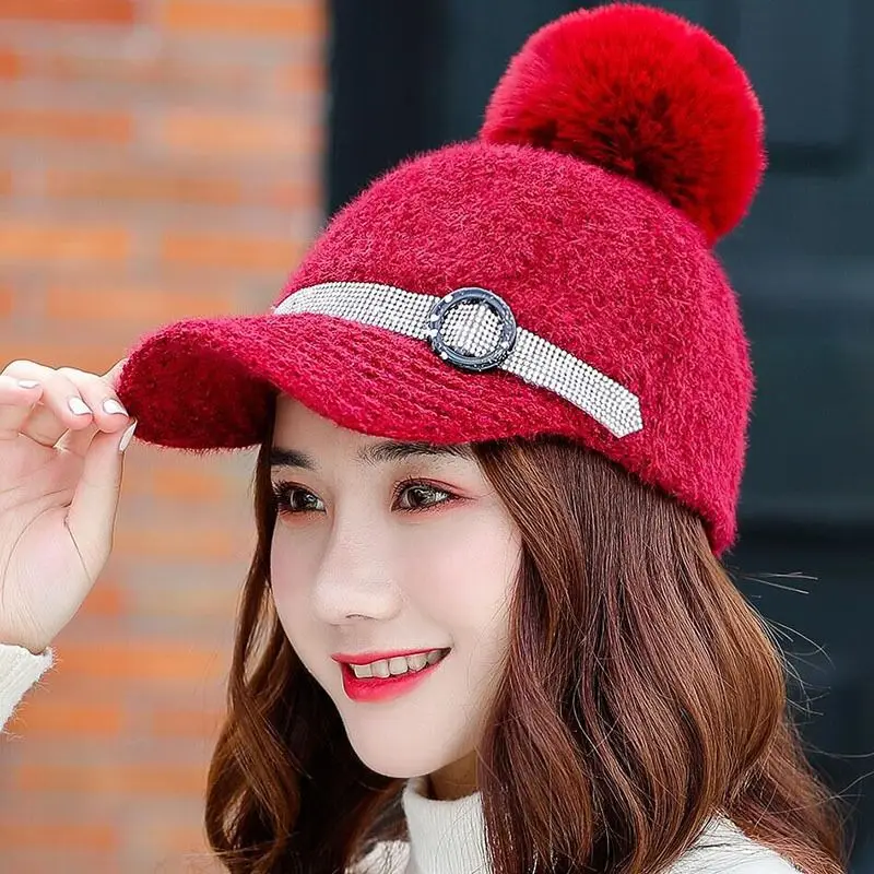 

2019 New Winter Fur Pompom Hat For Women Autumn Cotton Knitted Baseball Cap With Pompon Brand Visor Caps Ladies Skullies Beanies