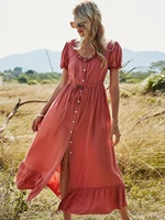 2021 spring long dress short puff sleeve dress women red long dresses button shirt solid color cottondress casual loose dresses