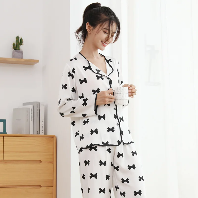 

Satin Pajamas Print Bow-knot Sleepwear Women Lounge Wear Soft Nightwear 2PCS Shirt&Pants Casual Pyjamas Home Clothes Lingerie