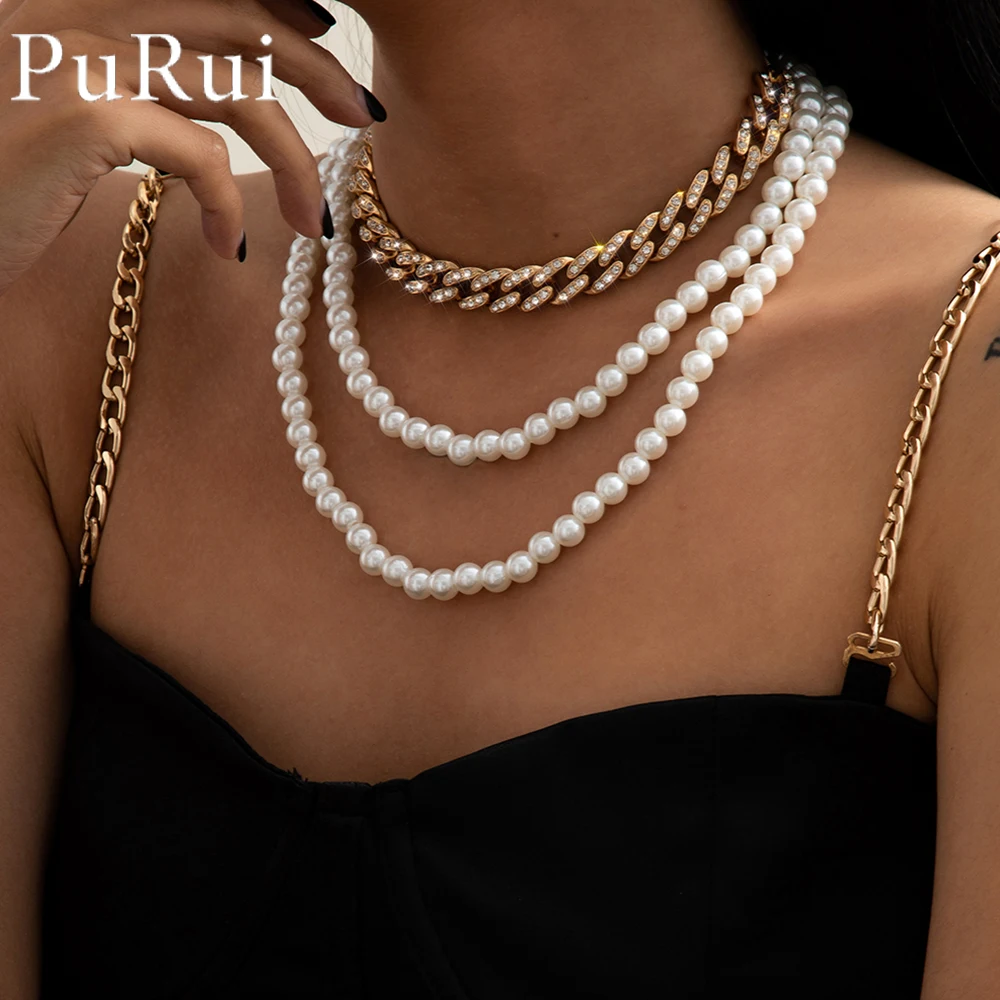 

3pcs/Set Lmitation Pearl Chain Necklace for Women Neck Chain Gothic Cuban Link Chain Iced Out Rhinestone Choker Party Jewellery