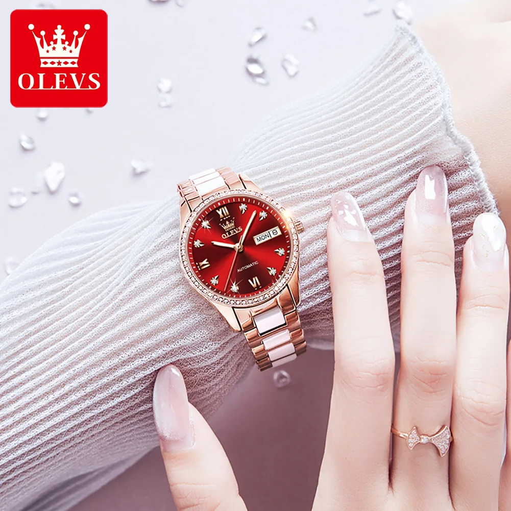 OLEVS New Fashio Red Strap Automatic Mechanical Watch Ladies Luxury Diamond Calendar Luminous Pointer Waterproof Watch Women enlarge
