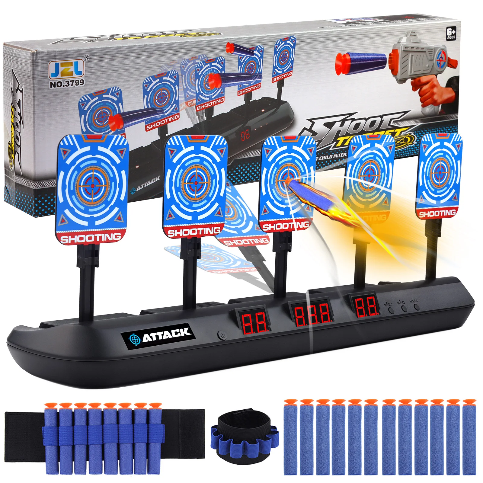 5-Bit Auto-Reset Electric Scoring Target Toy with 2PCS Wristbands 20PCS Refill Darts Light Sound Effect for Kids Shooting Game