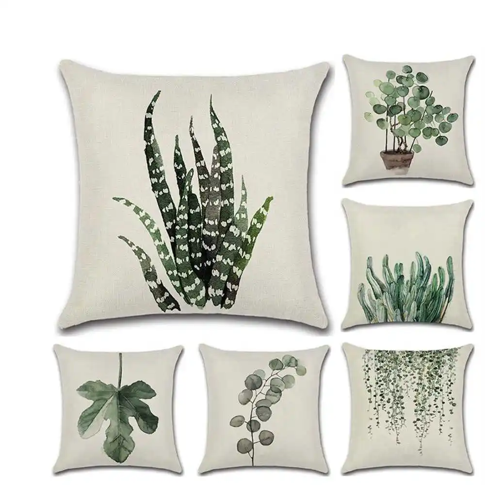 

New Tropical Plants Palm Leaf Green Leaves Cushion Cover Decorative Beige Ins Style Linen Pillow Case 45*45cm