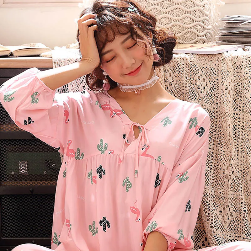 Женский пижамный комплект на осень с v-образным вырезом милая пижама принтом