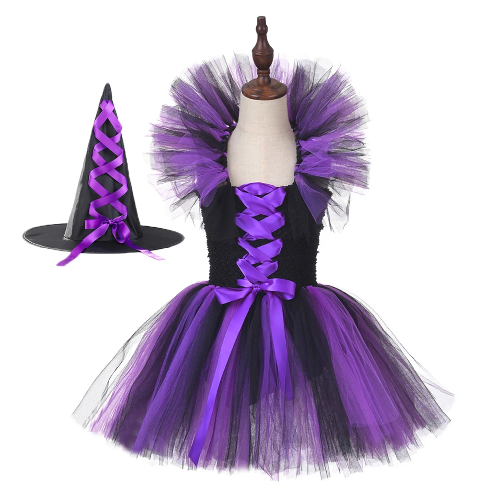 Фиолетовый костюм ведьмы с шляпой для девочек Вечерние Платья До Колена дня