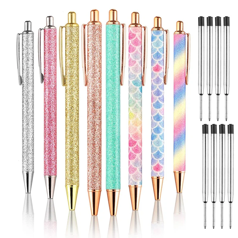 

8Pcs Metal Ballpoint Pens 1.0 mm Retractable Ballpoint Pens Glitter Metal Pens with 8Pcs Refills for School Supplies