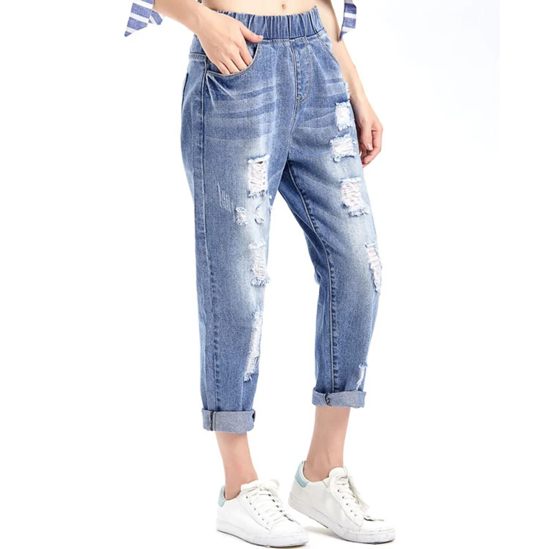

Ripped Jeans For Women High Waist Plus Size Loose Softener Light Blue Ankle-length Denim Harem Pants 6xl 8xl Capri women jeans