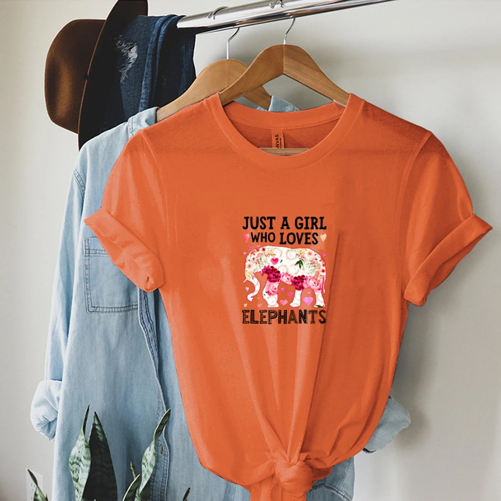 

WT20395 Personality Trend Anti-Wrinkle Fashion Elephant Pattern Letter Printed Pure Color Lady's Short Sleeve Round Neck T-shirt