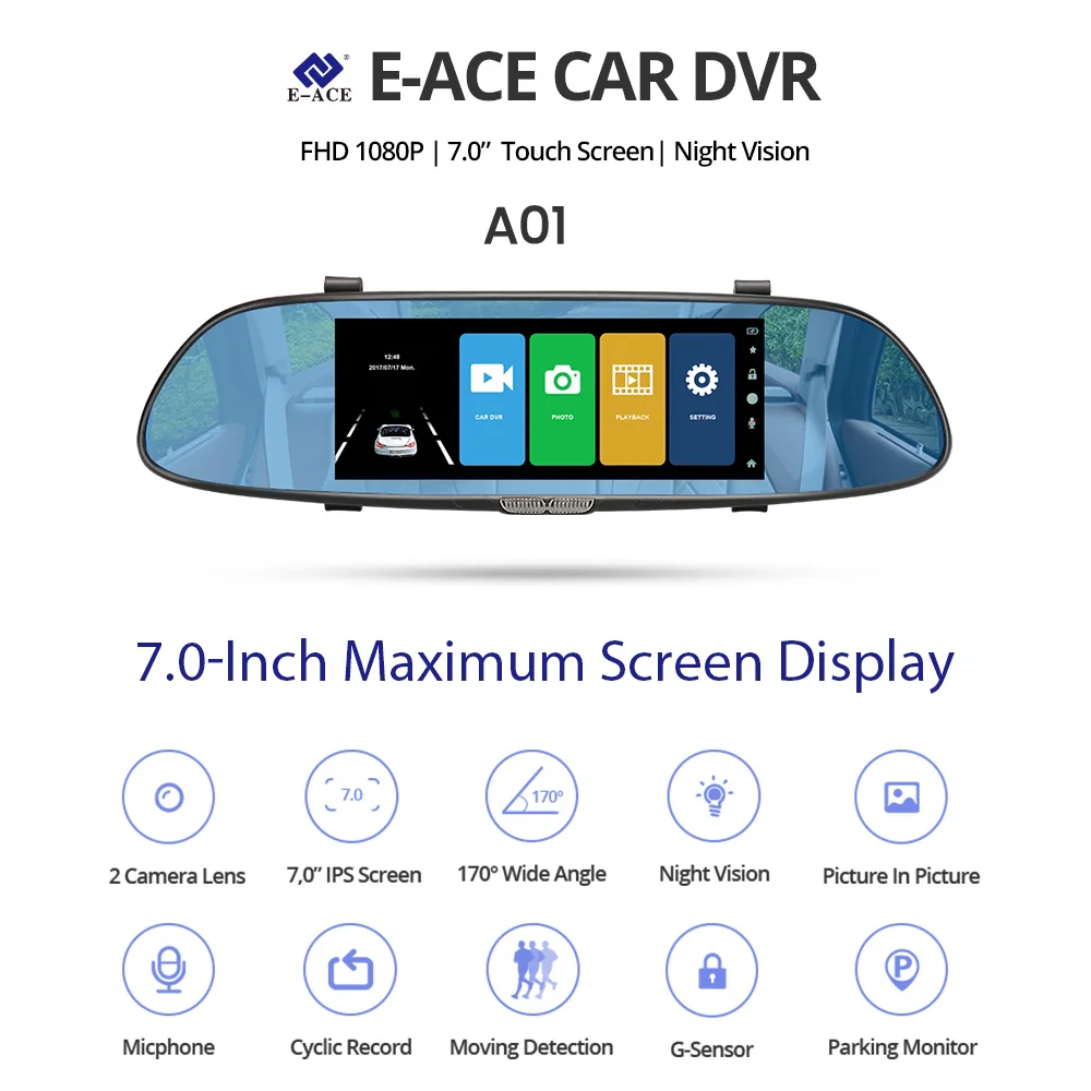 E ACE Автомобильный видеорегистратор Dashcam DVR зеркальный FHD 1080P автомобильная камера