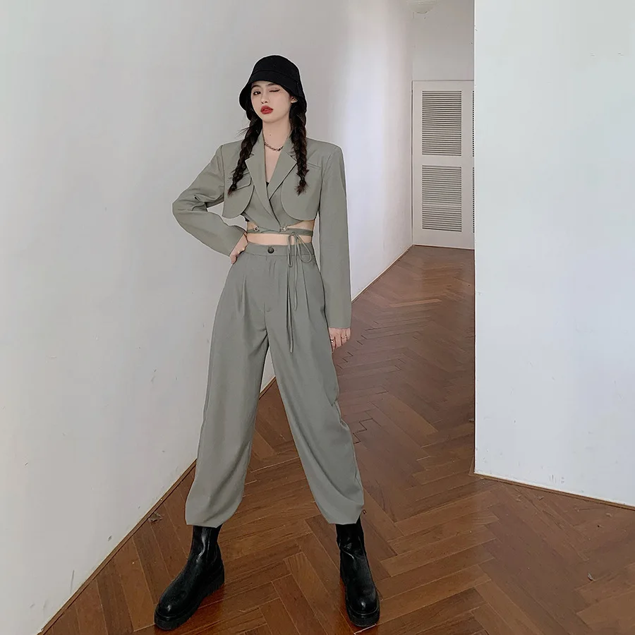 

New 2021 Hot Two Piece Set Women Crop Top Sexy Lace-up Blazer Coat + High Waist Pants Suit Sets Streetwear outfits