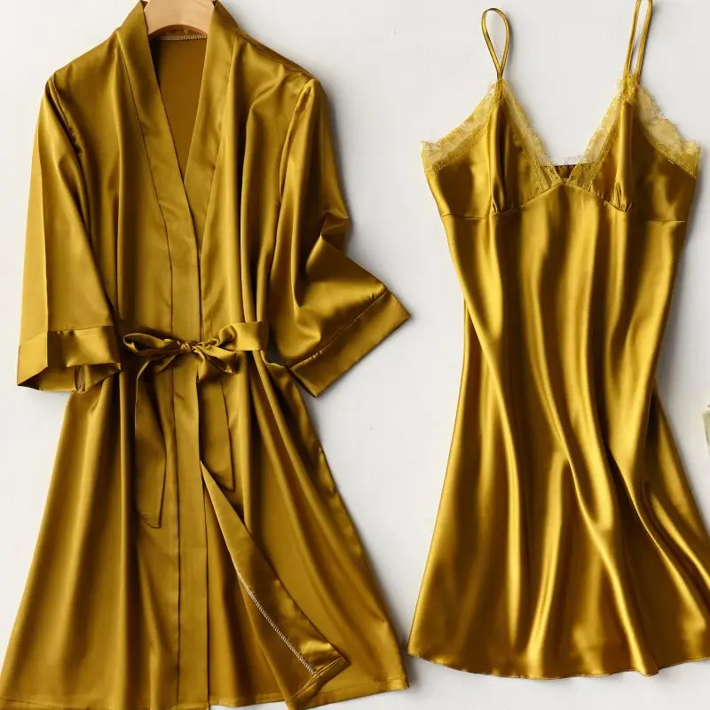 

Women Satin Kimono Bathrobe Gown Lace Patchwork 2PCS Sleep Set Intimate Lingerie Silky Nightwear Sleepwear Summer New Nightgown
