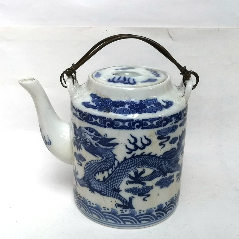 YIZHU CULTUER ART Collected China Old blue-and-white Porcelain Dragon Flagon Teapot H 7.0 inch Family Decoration Gift