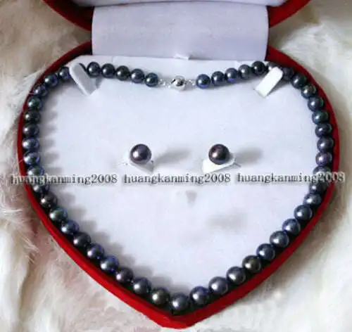

Long 18" 8-9mm Black Akoya Pearl Necklace+Earring Set