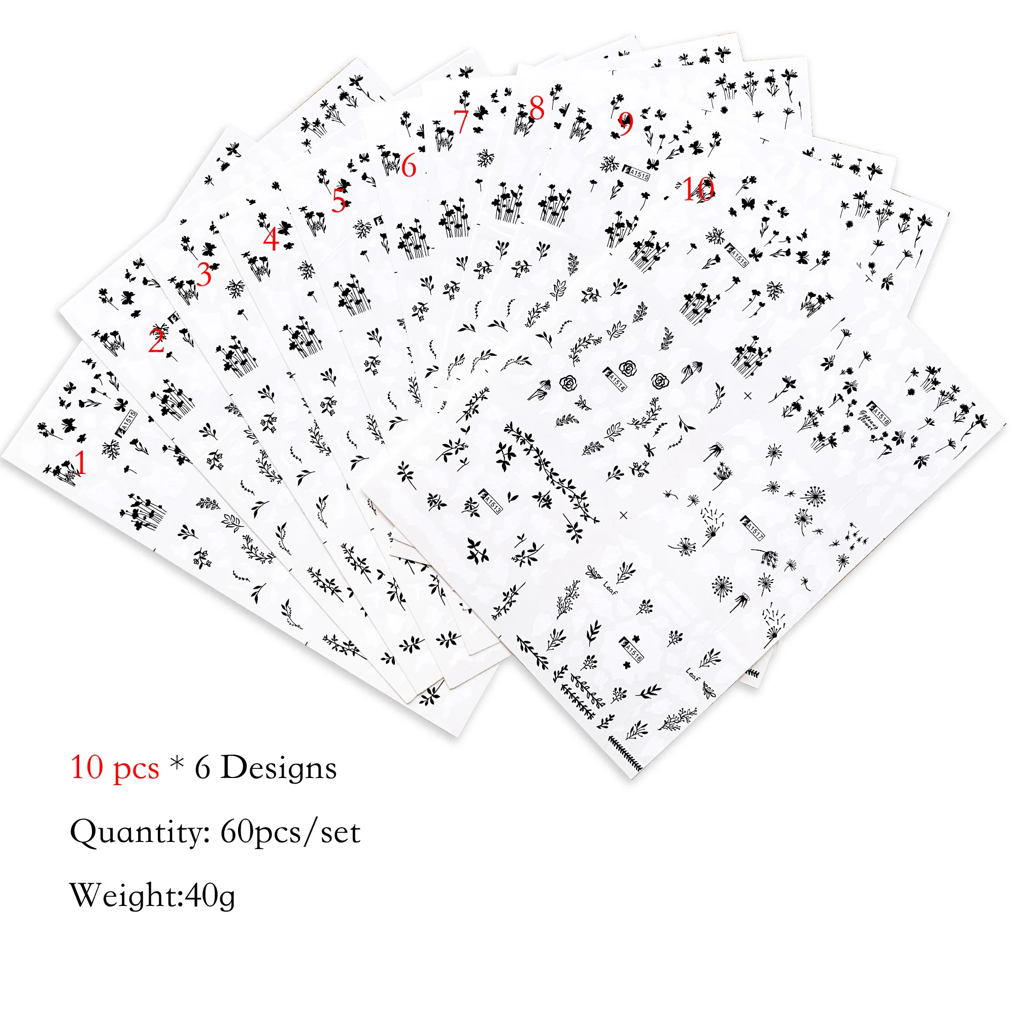 60 дизайнов черно-белых летних растений наклейка для дизайна ногтей слайдер серия