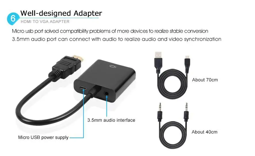HDMI to VGA Adapter Digital Analog Video Audio Converter Cable Studyset Connector for Xbox 360 PS4 PC Laptop TV Box | Электроника