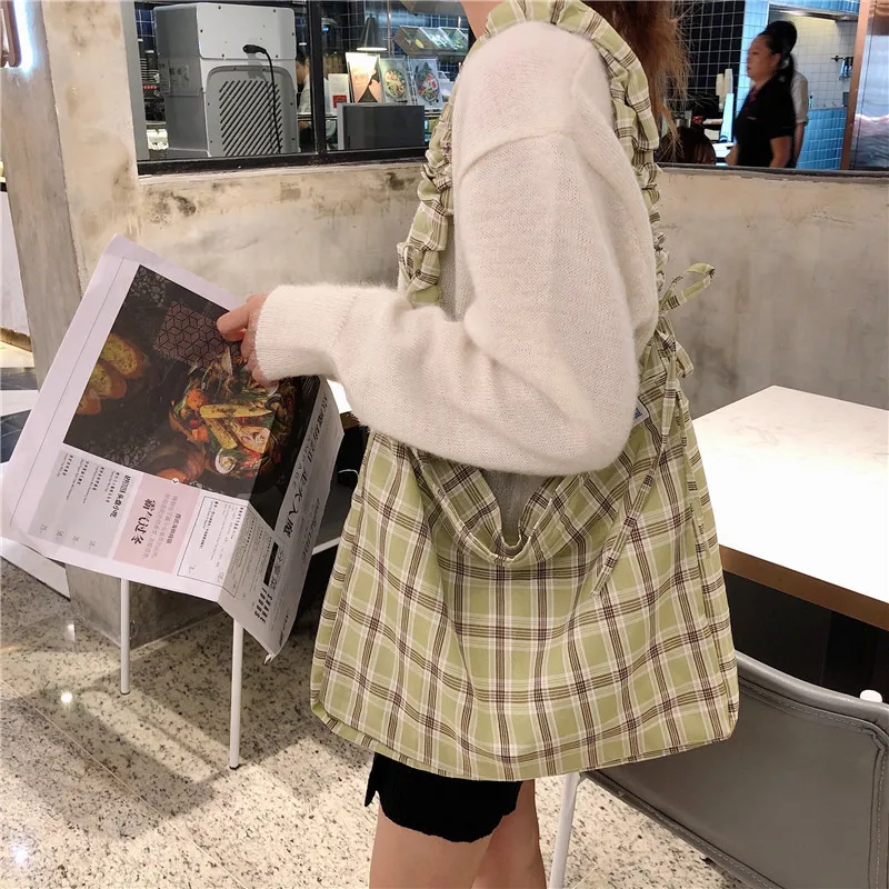 2019 plaid dress Korea Ladies Handbags Canvas Tote Bag Travel Women Eco Reusable Shoulder Bags bolsas green Large Capacity |