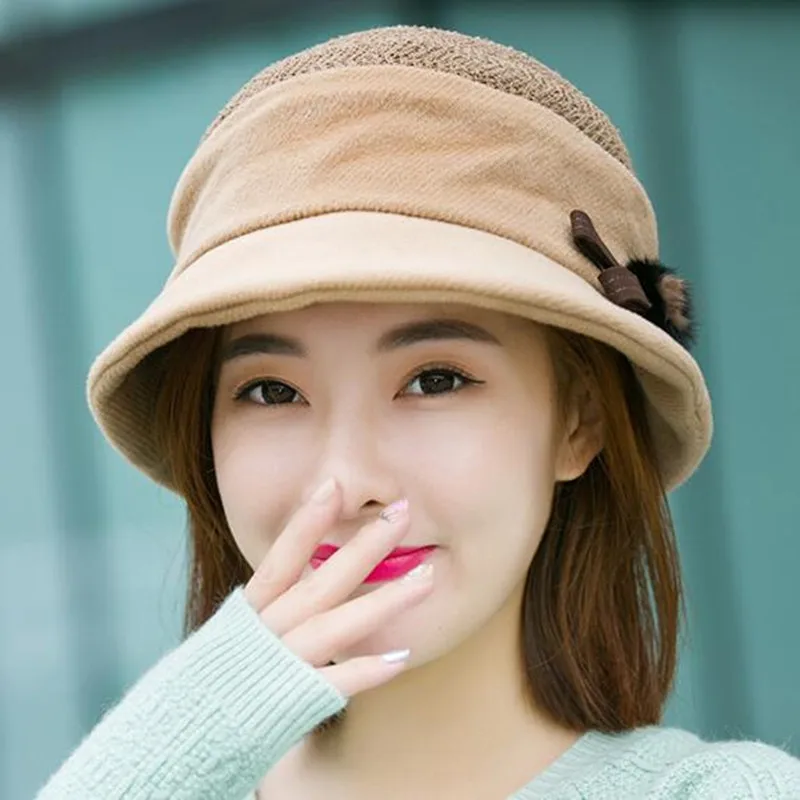 H7711 Women Warm Bucket Hat Autumn Winter Korean Fashion Fisherman Basin Cap Lady Outdoor Shopping Bowknot Casual Knitting Hats