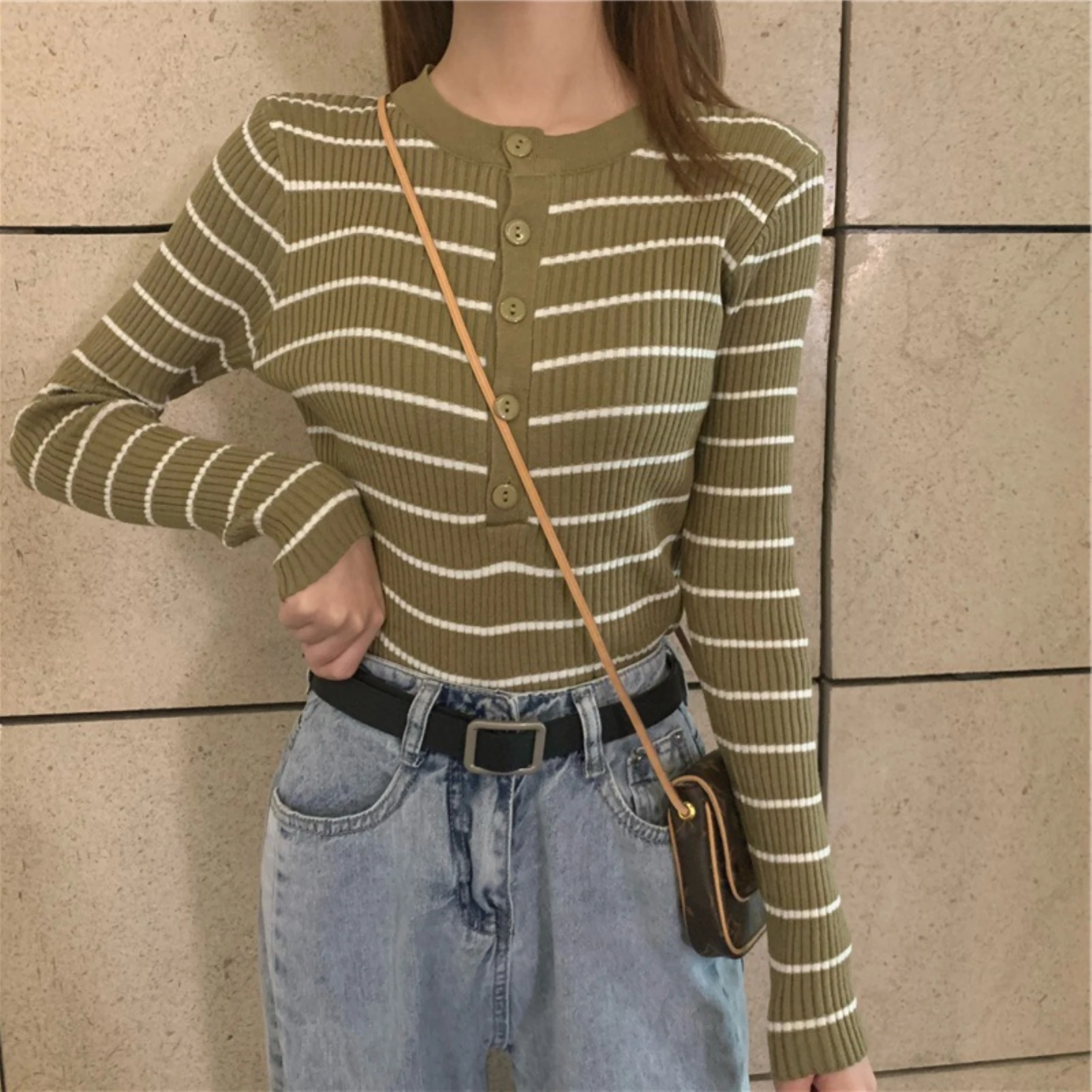 

2021 Spring Autumn casual Ribbed fashion V Neck Buttons Stripes long sleeve knitwear Slim women sweatshirt sweater female Cloth