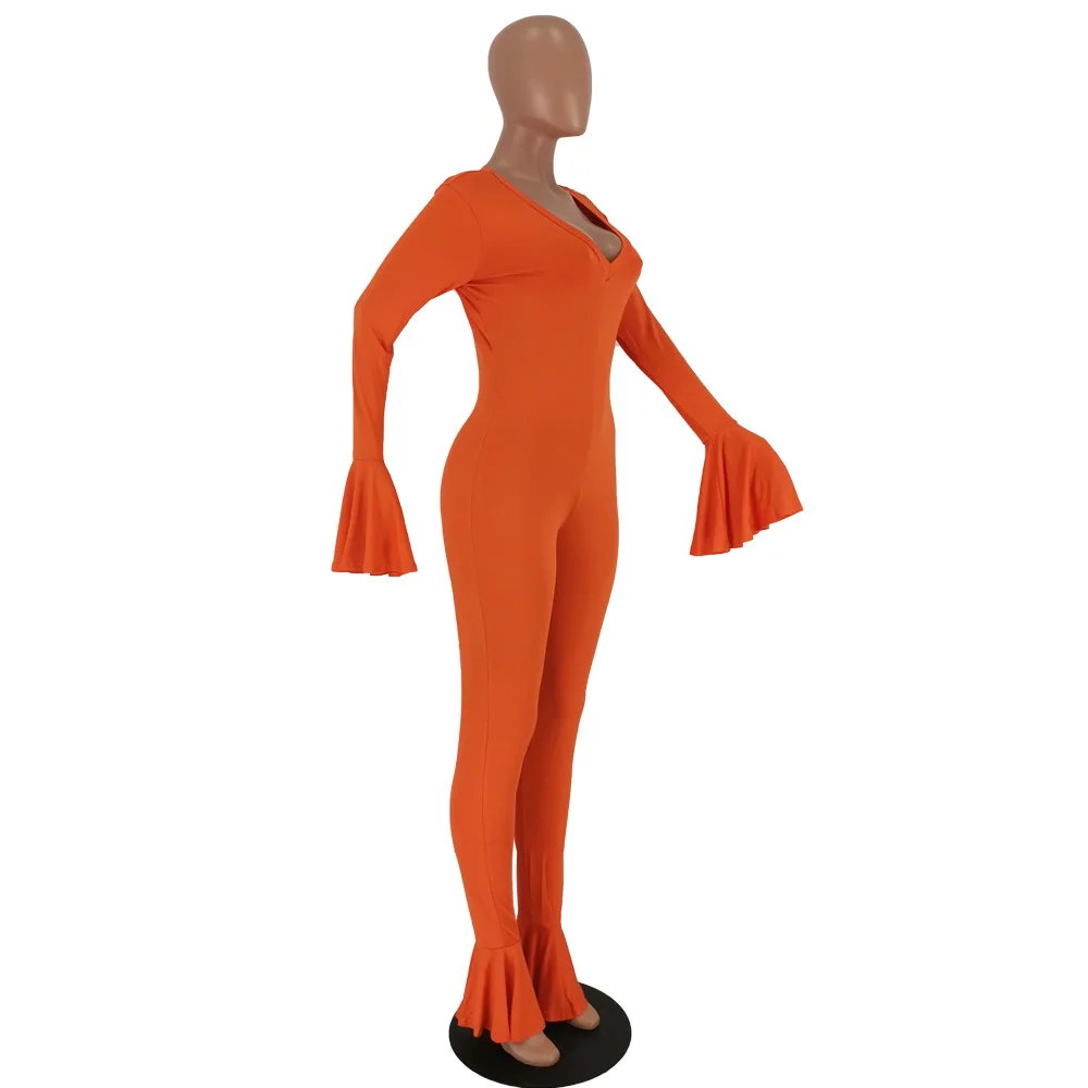 

Sexy Women Jumpsuit Solid Color Flare Sleeve V-neck Slinky Bodycon Long Rompers Womens Jumpsuit Overalls Autumn Clothes