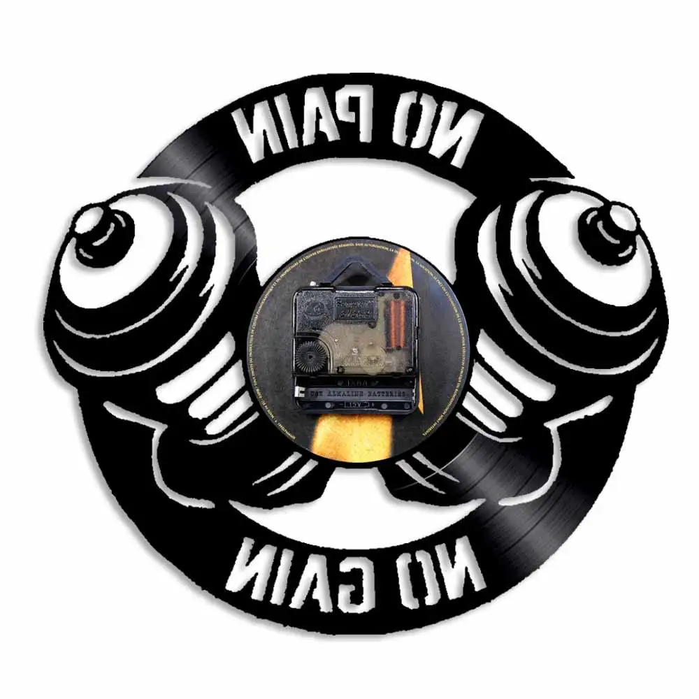Workout Dumbbell Wall Clock No Pain Gain Cross fit Motivation GYM Fitness Sign Decor Vinyl Record Gift For Him | Дом и сад