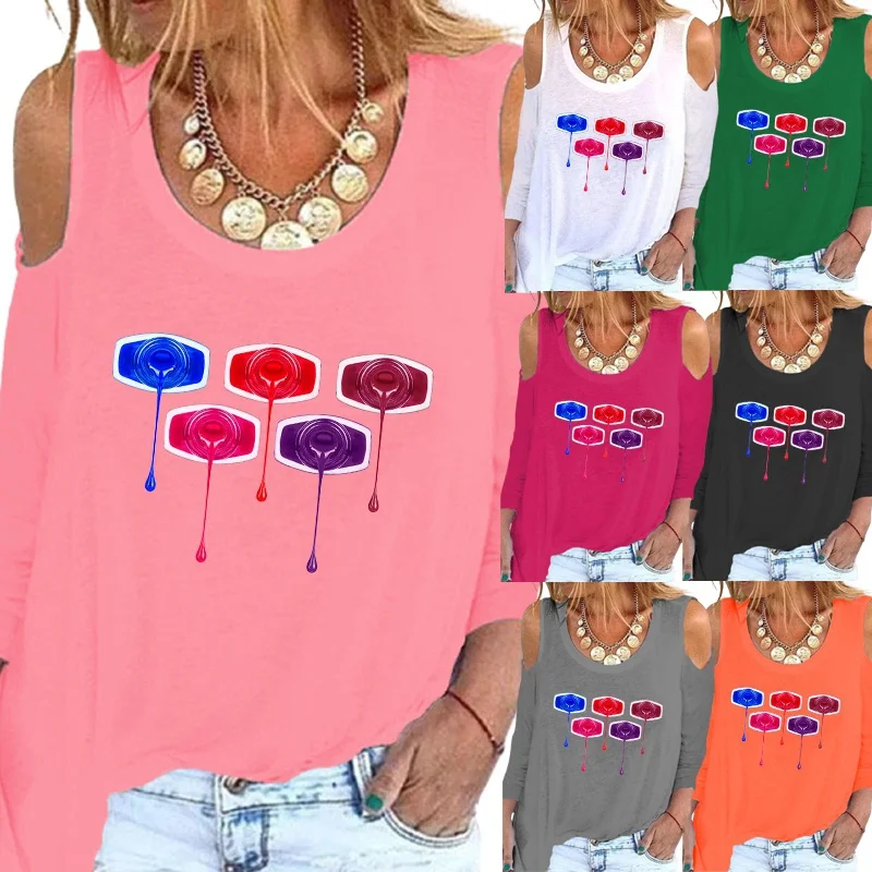 

The New Fashion Printing Graphic Tee Elegent Round Neck Ladies Sexy Off Shoulder Long Sleeve Loose Shirt XS-5XL