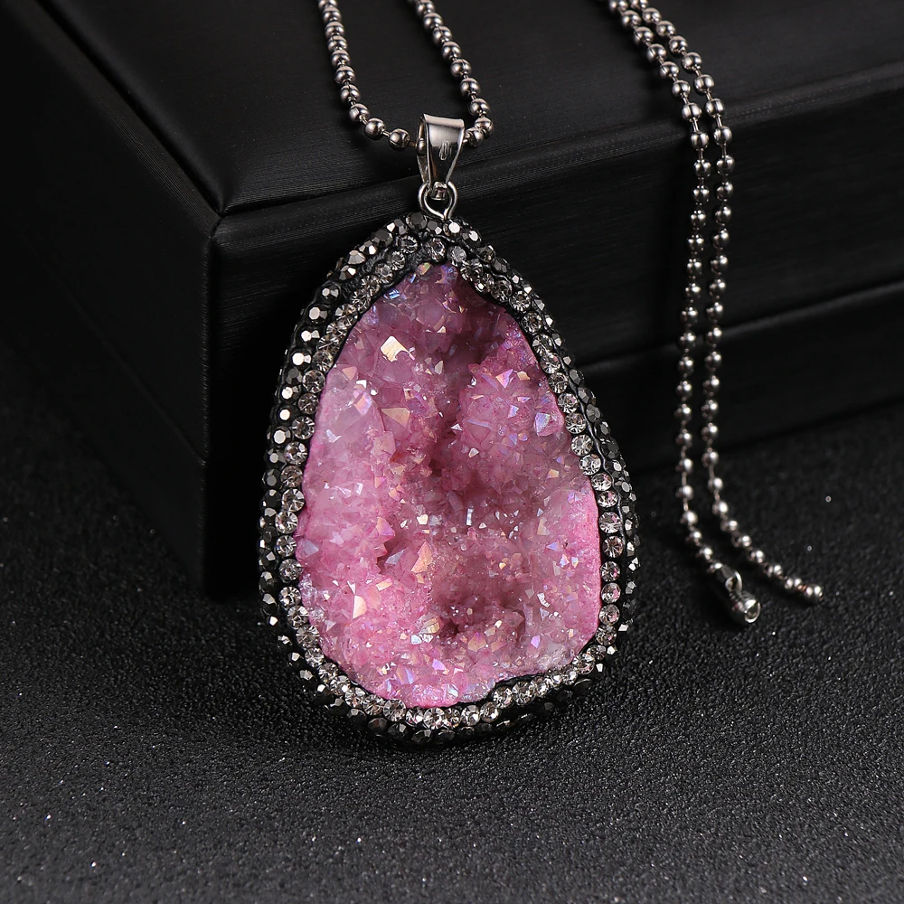 Женский Большой кулон из натурального камня розовый красный синий кристалл