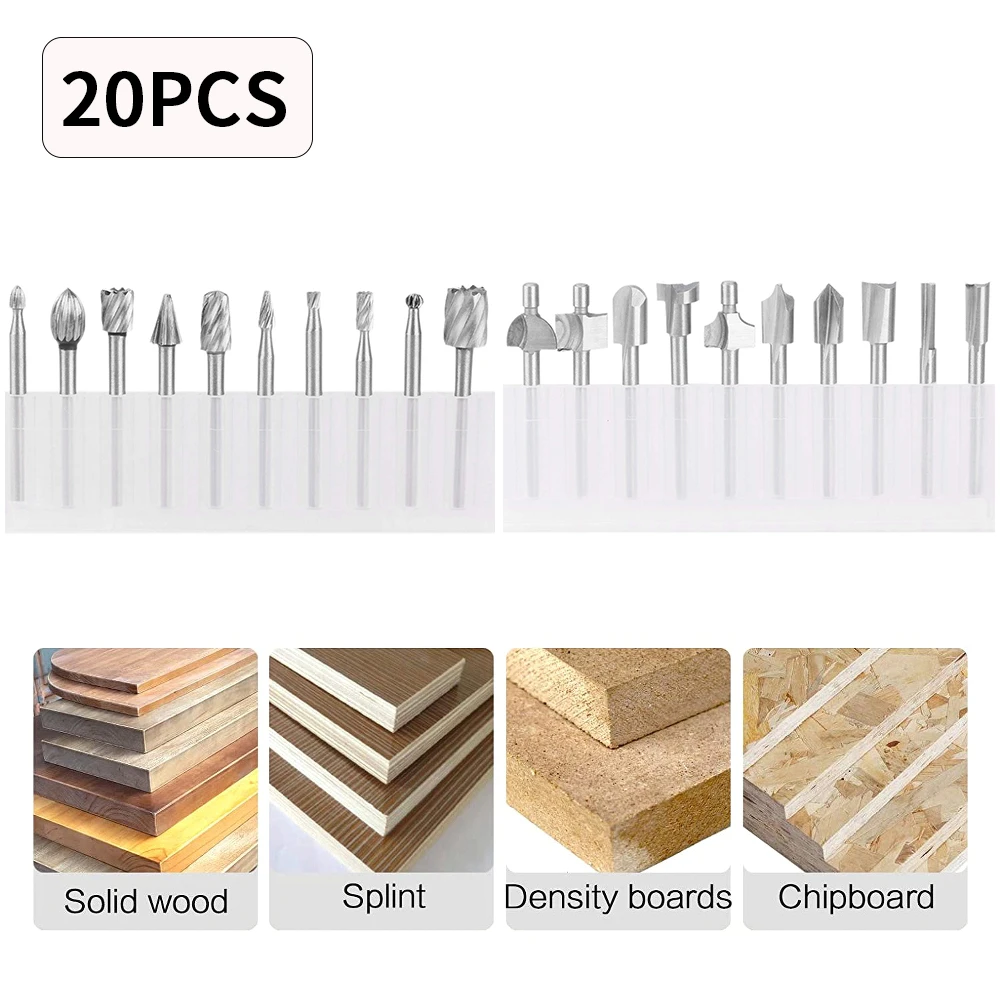 

20pcs Wood Carving Milling Cutter Set Durable Routing Router Bits Cutter for Die Grinder Drill Metal Carving Polishing Engraving