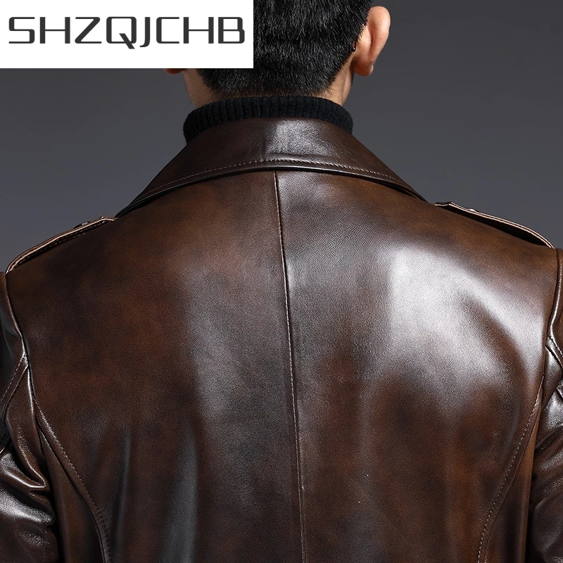

JCHB 2021 Brand Genuine Leather Medium Long Jacket Men Vintage Lapel Sheepskin Coat Business Single Breasted Casual Windbreakers