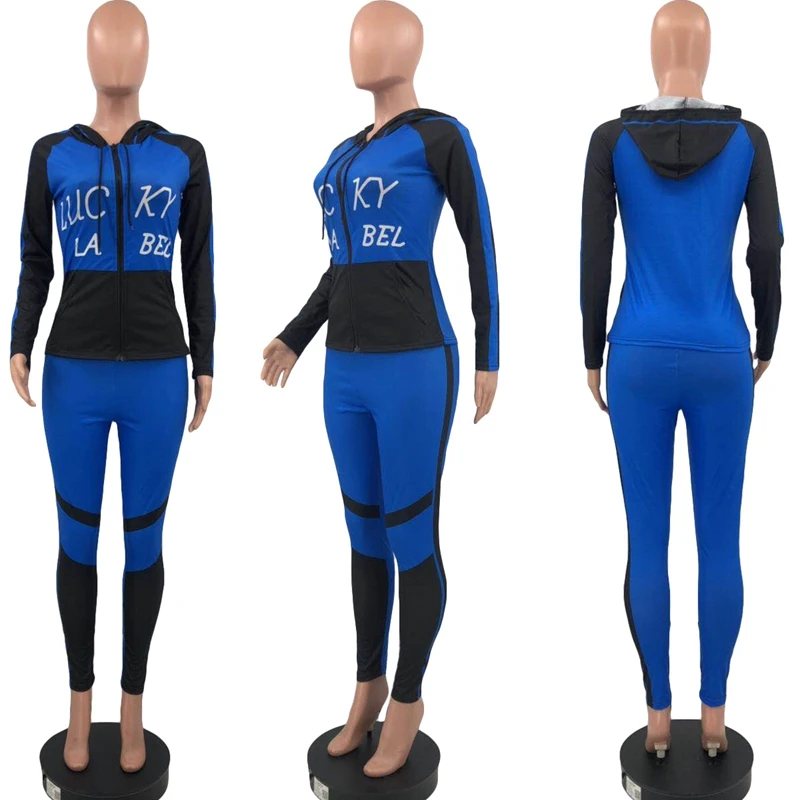 

ZKYZWX Letter Patchwork Two Piece Set Hoodies Sweatshirt for Women Long Sleeve Zip Tops Sexy Joggers Lounge Wear Matching Sets