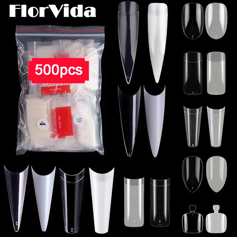 FlorVida 500 Tips Kit Bagged Fake False Nails Full Half French Acrylic ABS For Manicure Fingers Toes Set C Smile Sharp 10 Sizes