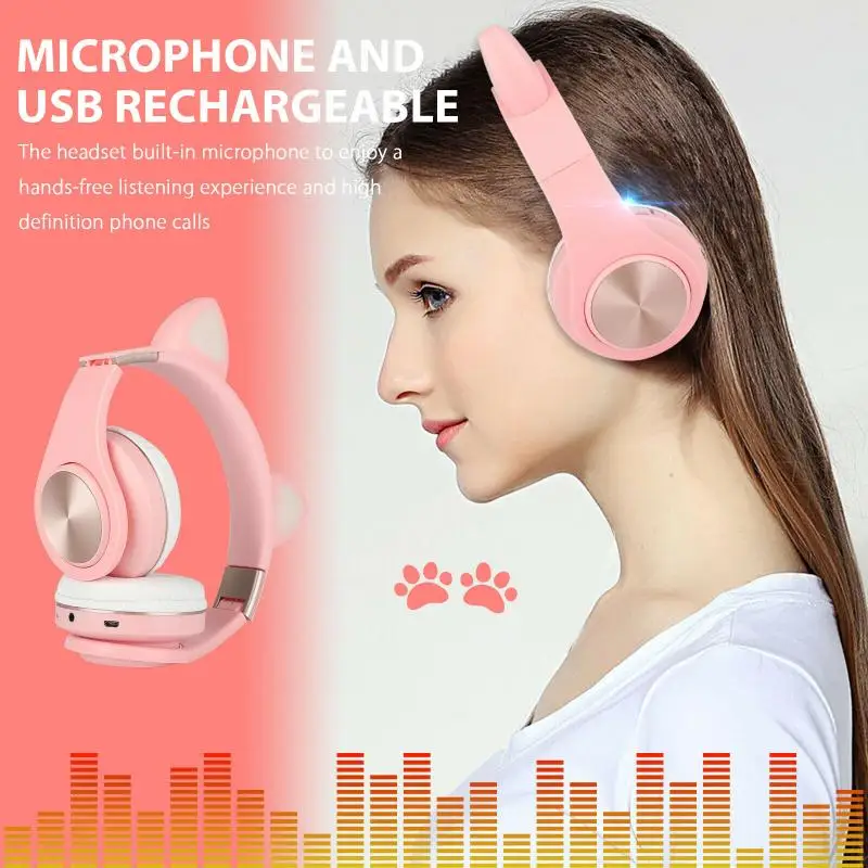 Беспроводные Наушники Cute Cat Bluetooth гарнитура складные стереонаушники игровые